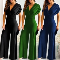 Sexy Solid Color Cap Sleeve V-neck High Waist Wide-leg Backless Jumpsuit