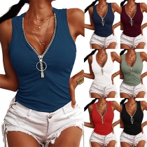 Sexy Solid Color Zipper V-neck Tank Top