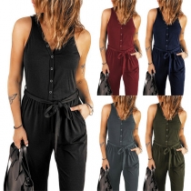 Casual Solid Color V-neck Buttoned Belt-tie Sleelvess Jumpsuit