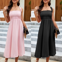 Sexy Solid Color Smocked Backless Cross-Criss Self-tie Summer Dress