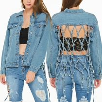 Street-chic Backless Hollow Out Denim Jacket