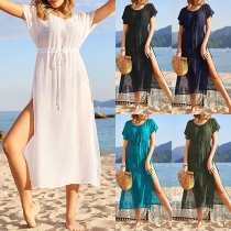Sexy Solid Color Round Neck Short Sleeve Side Slit Swim Cover-up Dress