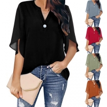 Casual Solid Color Short Sleeve V-neck Shirt