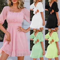 Fashion Back Bowknot Back Cut Out Scoop Neck Short Sleeve Dress