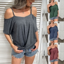 Casual Solid Color Open-shoulder Short Sleeve Cami Shirt