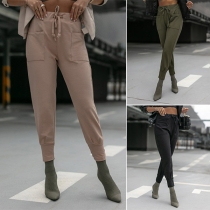 Casual Solid Color Patch Pockets Drawsting Pants