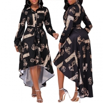 Fashion Floral Printed Long Sleeve Buttoned High-low Hemline Dress
