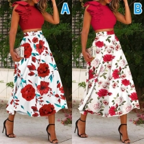 Fashion Two-piece Set Consist of Red Crop Top and Floral Pirnted Skirt