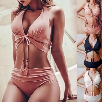 Sexy Solid Color Halter Cross-criss Bikini Set