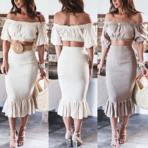 Sexy Two-piece Set Consist of Off-the-shoulder Crop Top and Smocked Ruffle Hemline Skirt
