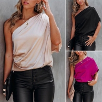 Sexy Solid Color One-shoulder Satin Shirt