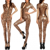 Sexy Leopard Print Zipper Artificial Leather PU Jumpsuit