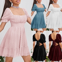 Sexy Solid Color Peasant Sleeve Scoop Neck High Waist Tiered Cutout Back-tie Swiss Dot Dress