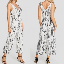 Sexy Floral Printed V-neck Sleeveless Wide-leg Jumpsuit
