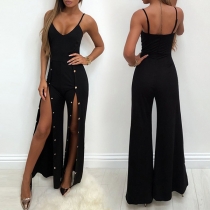 Sexy Solid Color Buttoned Slit Wide-leg Cami Jumpsuit