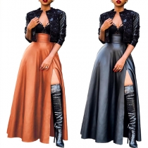 Sexy Solid Color Artificial Leather PU Slit High Waist Maxi Skirt