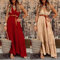 Sexy Solid Color Lace Spliced V-neck Sleeveless Tiered Maxi Dress