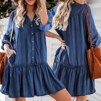 Casual Long Sleeve Buttoned Tiered Denim Dress