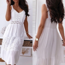 Casual V-neck Sleeveless Lace Spliced Tiered White Dress
