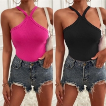 Sexy Solid Color Sleeveless Cross-criss Halter Ribbed Tank Top