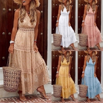 Fashion Solid Color Lace Spliced V-neck Sleeveless Tiered Dress