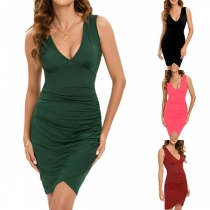 Fashion Solid Color Sleeveless Ruched Tank Dress