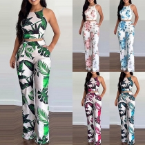 Bohemia Style Floral Printed Two-piece Set Consist of Crop Top and Wide-leg Pants