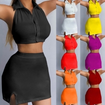 Sexy Solid Color Two-piece Set Consist of Polo Neck Crop Top and Slit Skirt