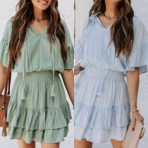 Casual Solid Color V-neck Short Sleeve Ruffled Tiered Dress