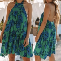 Fashion Floral Printed Tiered Backless Halter Dress
