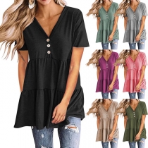 Casual Solid Color Buttoned V-neck Short Sleeve Tiered Shirt