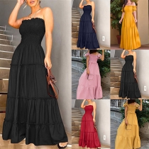 Sexy Solid Color Off-the-shoulder Smocked Tiered Maxi Dress