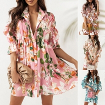 Fashion Floral Printed Polo Neck V-neck Elbow Sleeve Loos fit Dress