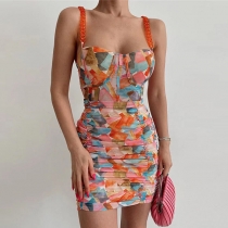 Fashion Floral Printed Ruched Chain Slip Bodycon Dress