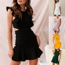 Sexy Solid Color Backless Cutout Ruffled Hemline Bodycon Dress