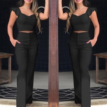 Sexy Solid Color Two-piece Set Consist of Ruffled Ruched Crop Top and High Waist Wide-leg Pants