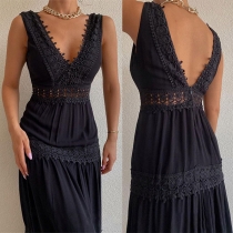 Sexy Solid Color Lace Spliced Tiered Maxi Dress