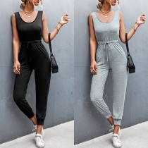 Casual Solid Color Sleeveless Drawsting Jumpsuit