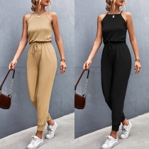 Casual Solid Color Drawstring Sleeveless Jumpsuit