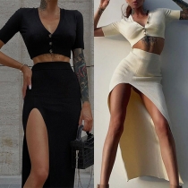 Sexy Solid Color Knitted Two-piece Set Consist of Short Sleeve Crop Top and High-slit Skirt