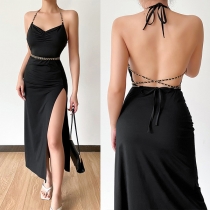 Sexy Solid Color Ruched Backless Slit Chain Bodycon Halter Dress