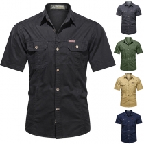 Solid Color Stand Collar Short Sleeve Men's Shirt