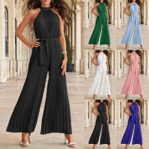 Fashion Solid Color Halter Self-tie Wide-leg Pleated Jumpsuit （Size Run Big）