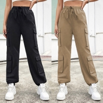 Fashion Solid Color Elastic Waist Side Pockets Pants