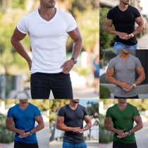 Casual Solid Color V-neck Short Sleeve Ribbed Shirt for Men