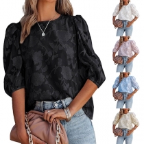 Fashion Floral Printed Round Neck Elbow Sleeve Shirt