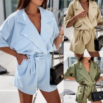 Fashion Solid Color Lapel Batwing Sleeve Self-tie Romper