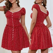 Fresh Style Polka-dot Printed Lace Spliced High-waist Short Sleeve Mini Dress