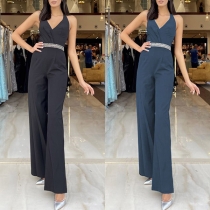 Fashion Solid Color Ruched V-neck Sleeveless High-waist Wide-leg Jumpsuit