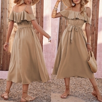 Fashion Solid Color Ruffled Open Shoulder Self-tie Dress